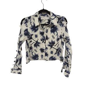 Osman yousefzada sz4 button up long sleeve cut off shirt bug floral print crop